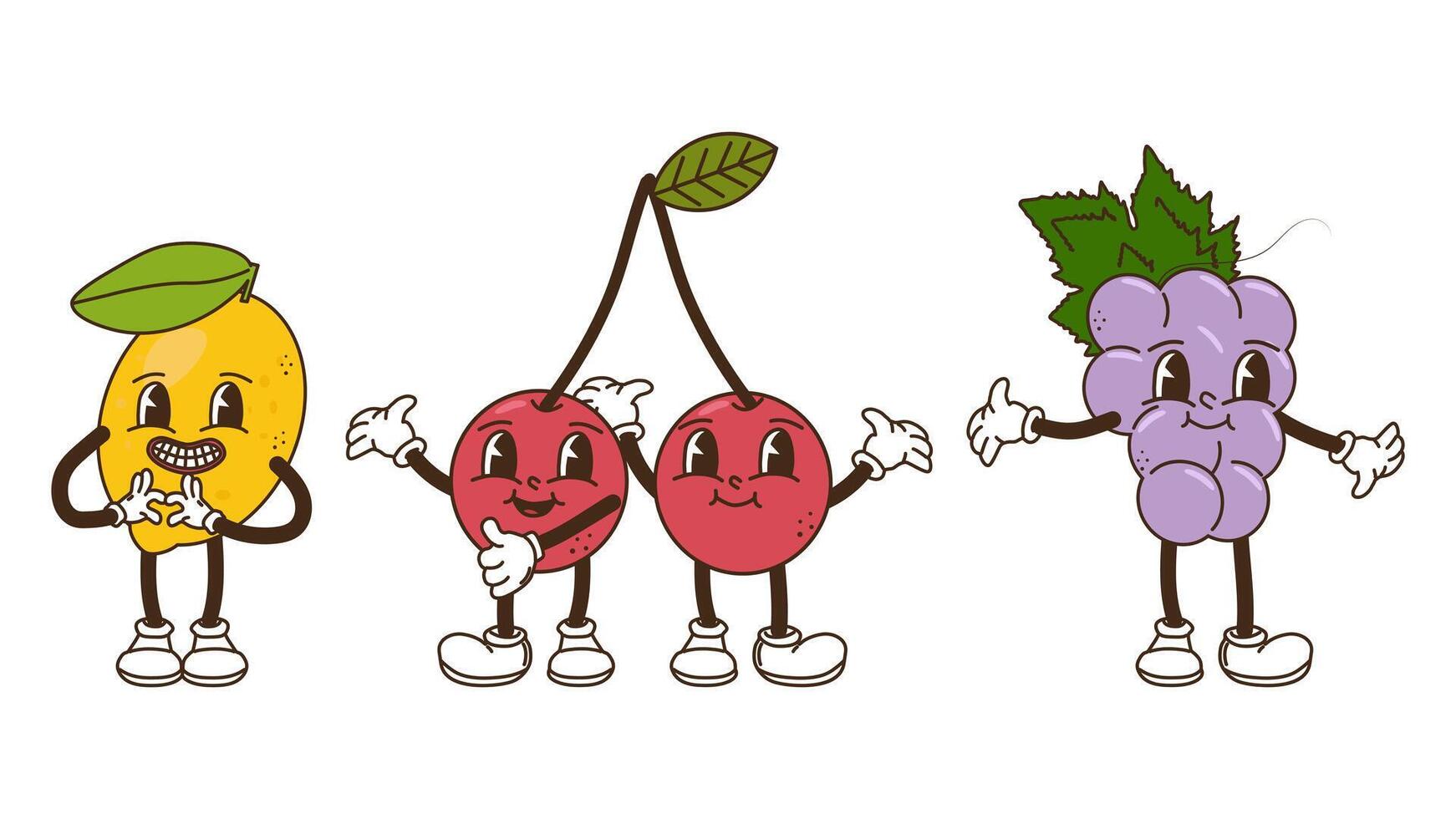 frutas y bayas en maravilloso estilo colocar. limón Cereza y uvas. caracteres de moda retro, cómic mascota. diseño bandera póster. y2k hippie años 70, años 80 ilustración. vector