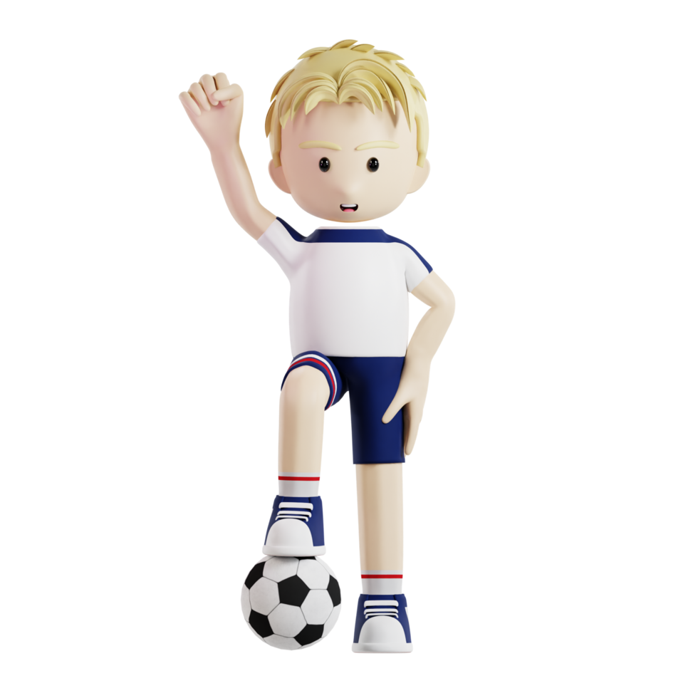 Football joueur avec une Balle en dessous de le sien pied et clochard poing en haut 3d personnage png