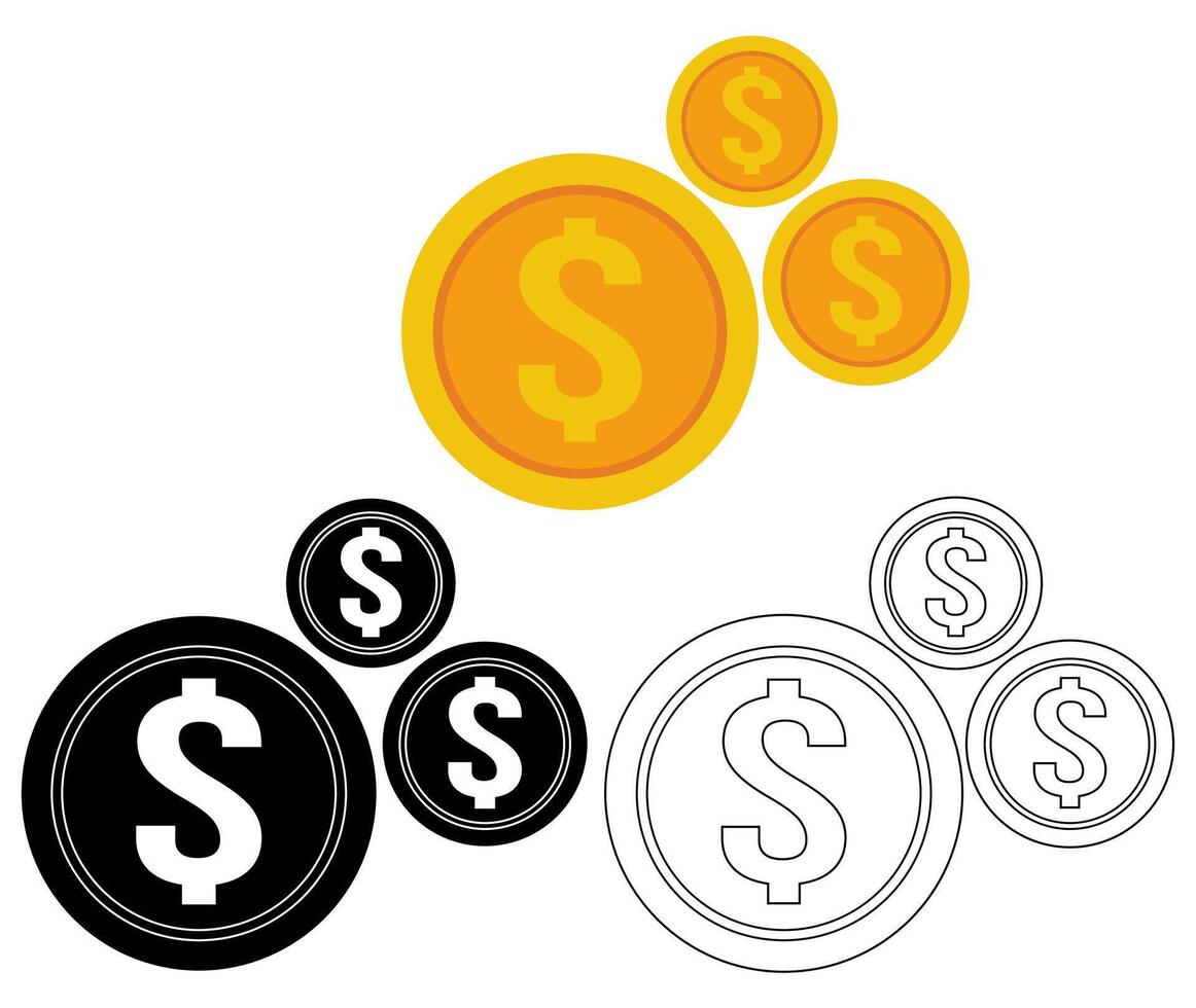 conjunto dinero dólar moneda icono símbolo plano diseño ilustración vector