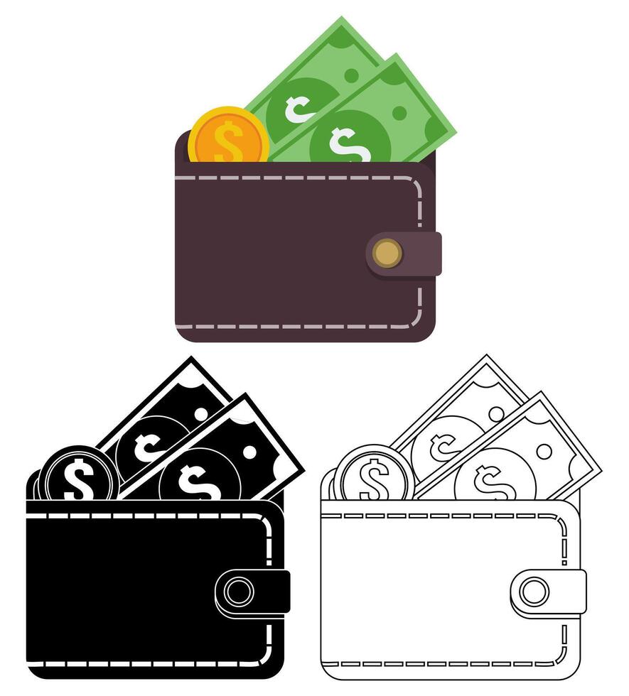 Set wallet with dollar money and coin icon symbol flat design illustration vector