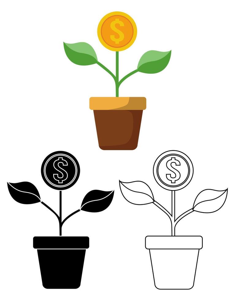 conjunto dinero árbol planta dólar moneda icono. inversión crecimiento símbolo modelo diseño ilustración vector