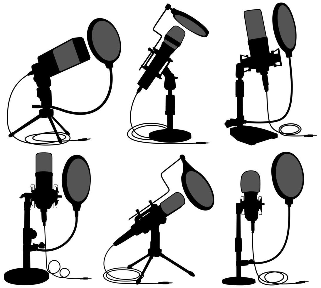 set mini microphone silhouette icon. studio voice recorder stand design illustration vector
