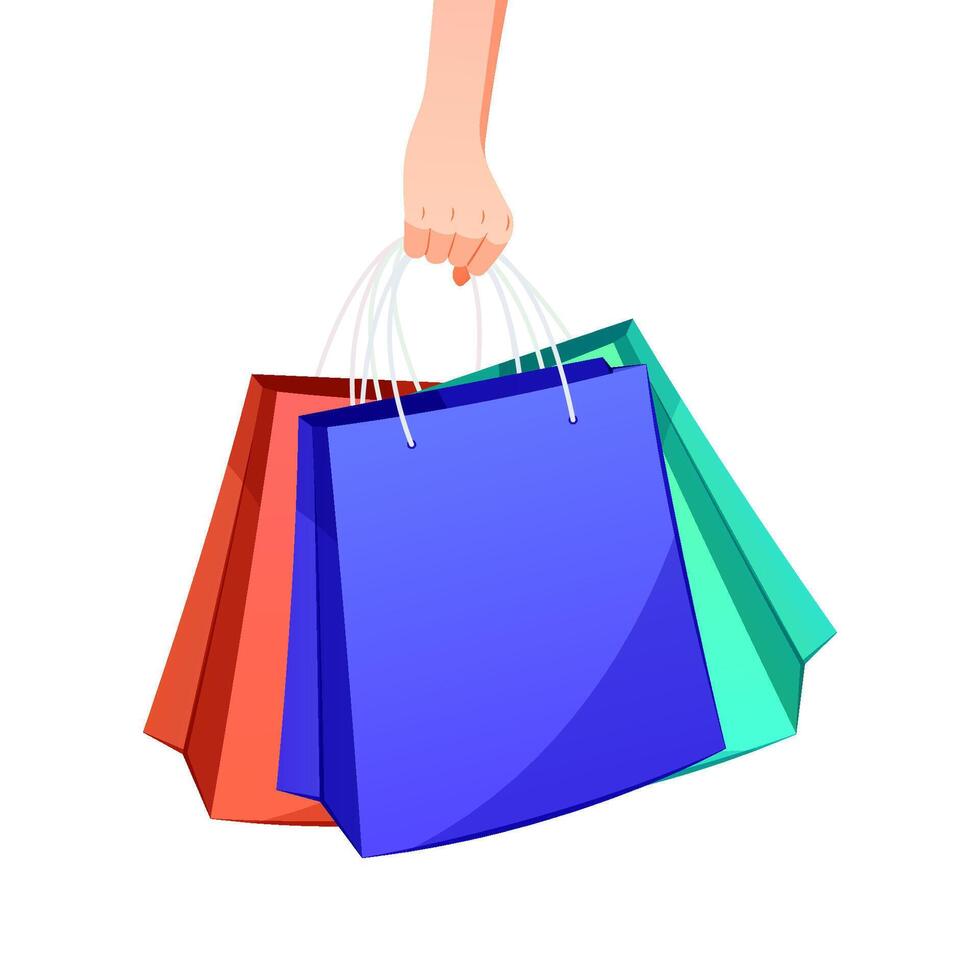 Hands holding shopping bags isolated on white background. vector