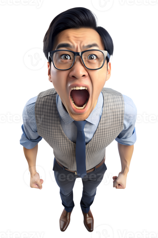 3d style illustration of asia hipster man in offie he is shouting png