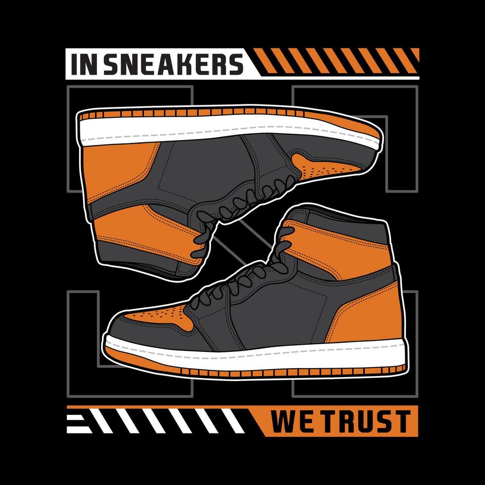 Sneakers shoes with slogan lettering typography custom font for tshirt streetwear. Sneaker t-shirt design hipster logo icon illustration vector