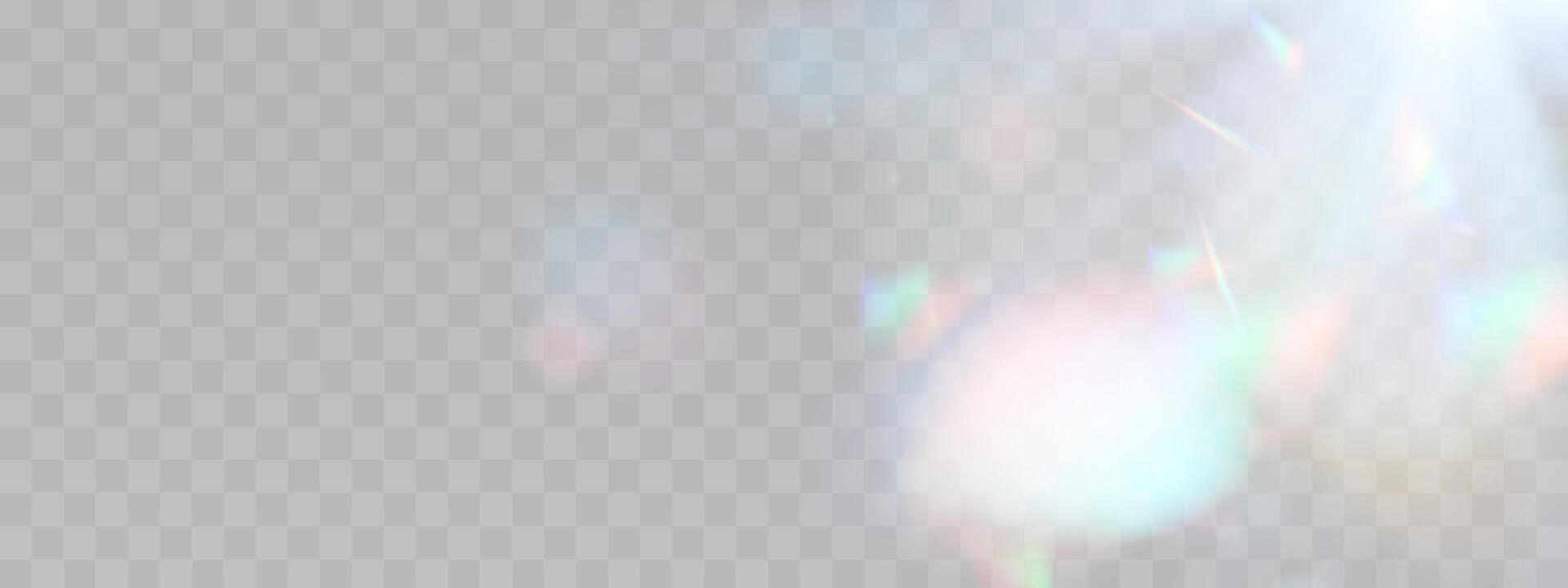 Blurred rainbow refraction overlay effect. Light lens prism effect on transparent background. Holographic reflection, crystal flare leak shadow overlay. vector