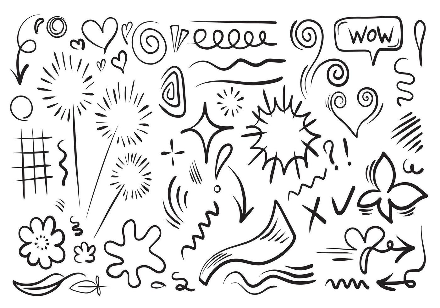 Hand drawn set elements, black on white background. Arrow, heart, love, star, leaf, sun, light, flower, crown, king, queen,Swishes, swoops, emphasis ,swirl, heart, for concept design. vector