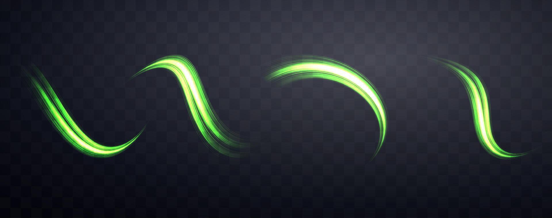 Glowing green lines set. Neon realistic energy speed. Abstract light effect vector