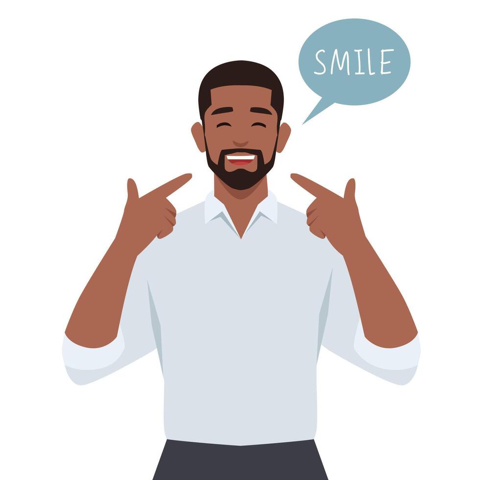 Young man giving smile using his hand pointing to his mouth and asking people to smile. vector