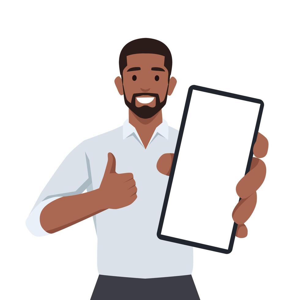 Young man showing smartphone and showing thumbs up or like sign. Mobile phone technology. vector