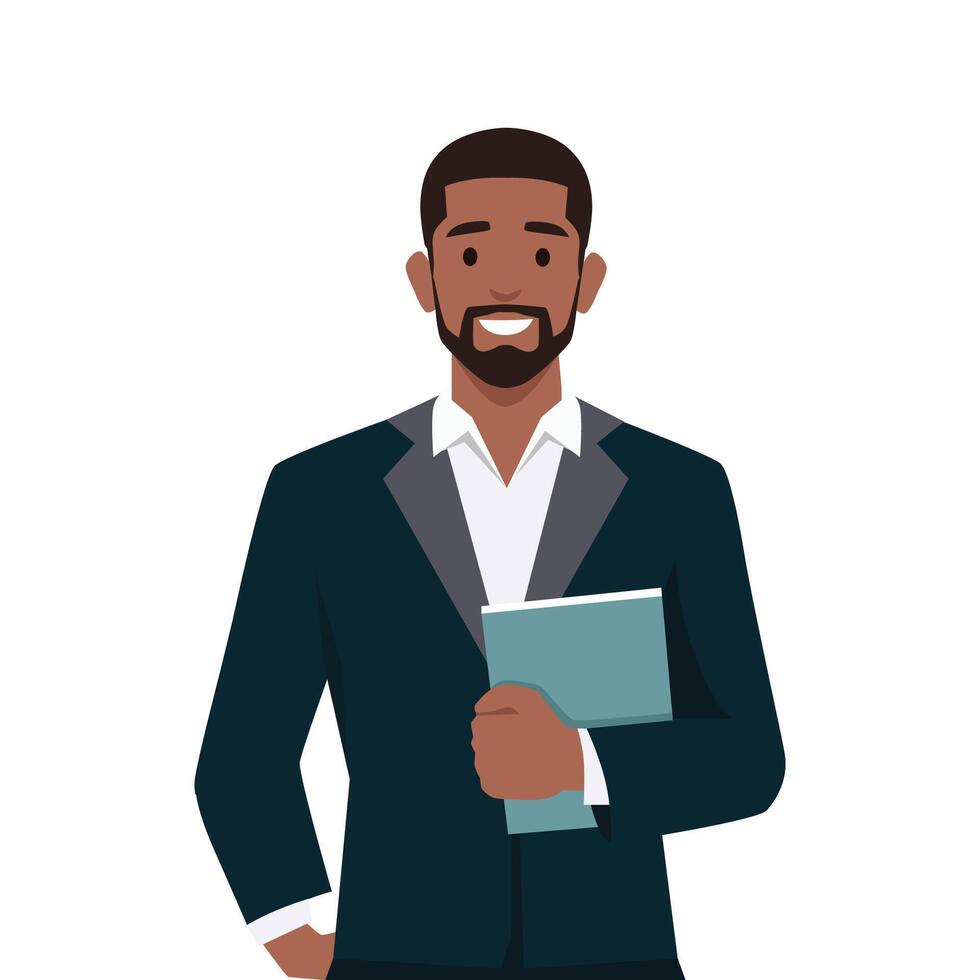 Standing businessman hold book. Manager with hand in pocket. vector