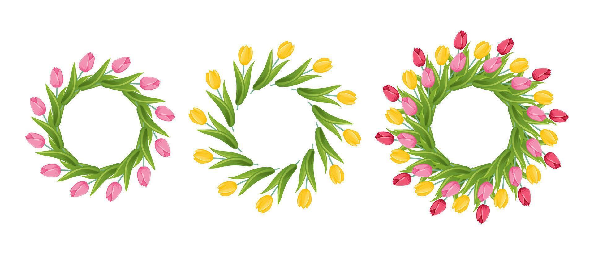 Set of floral wreaths with tulips. Spring flower wreath. vector