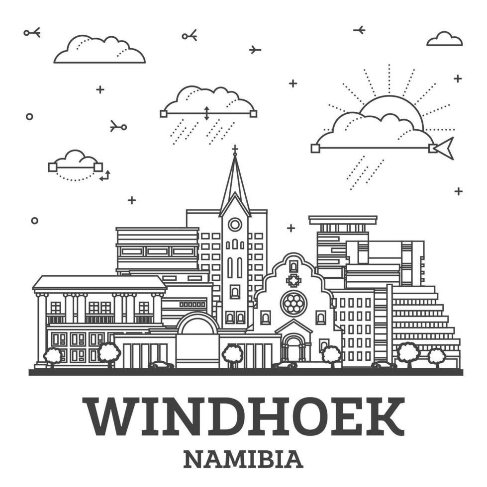 Outline Windhoek Namibia City Skyline with Modern and Historic Buildings Isolated on White. Windhoek Cityscape with Landmarks. vector