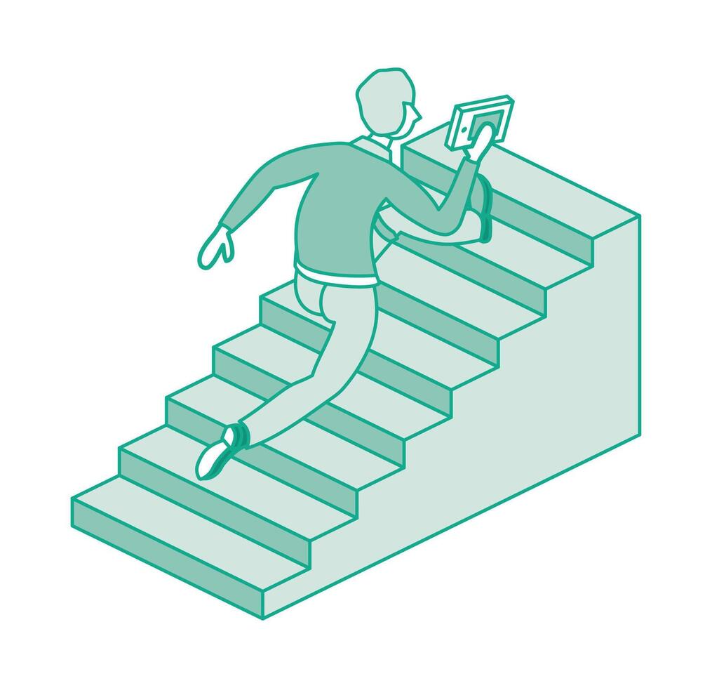 Man run up set of stairs. He is holding book in hand. Isometric concept of success, urgency and determination. Businessman climbing stairs of success. Outline concept. vector
