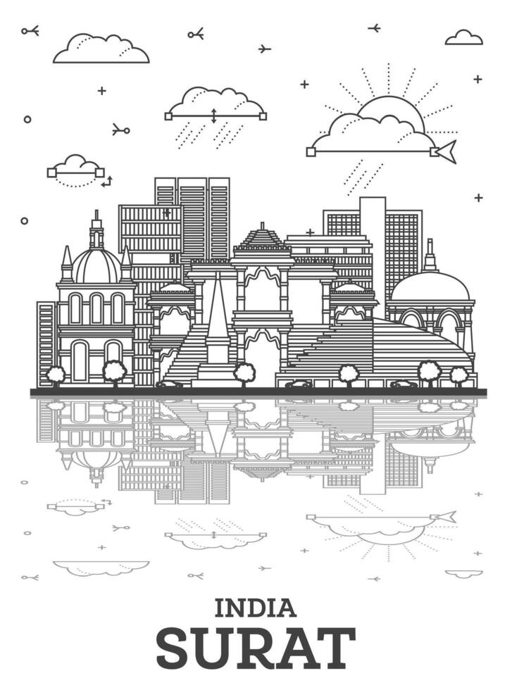 Outline Surat India City Skyline with Modern, Historic Buildings and Reflections Isolated on White. Surat Cityscape with Landmarks. vector