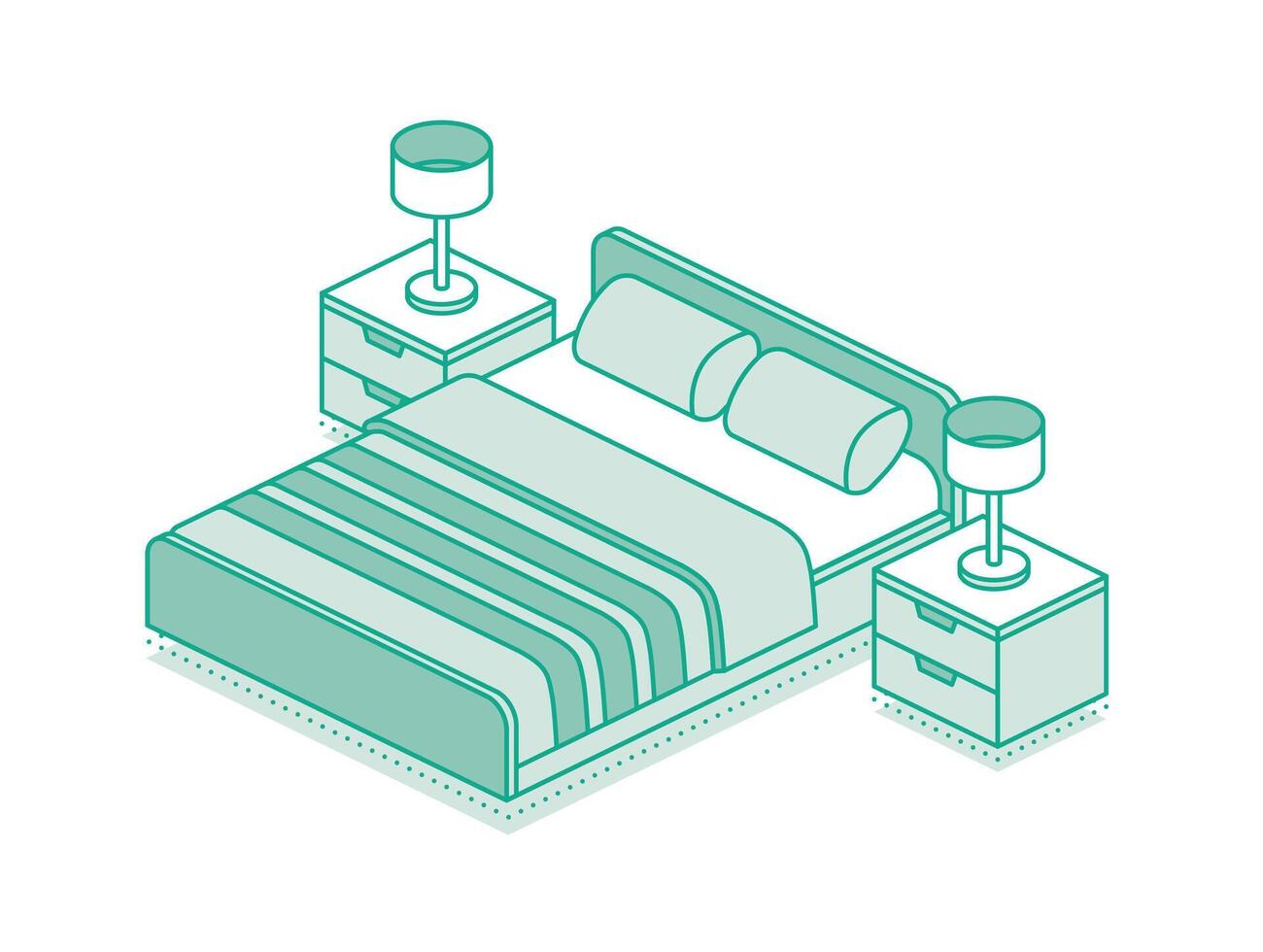 Isometric bed with blanket, pillows and two nightstands with lamps. Outline objects isolated on white background. vector