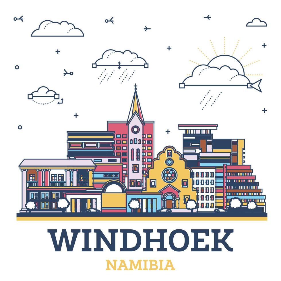 Outline Windhoek Namibia City Skyline with Colored Modern and Historic Buildings Isolated on White. Windhoek Cityscape with Landmarks. vector