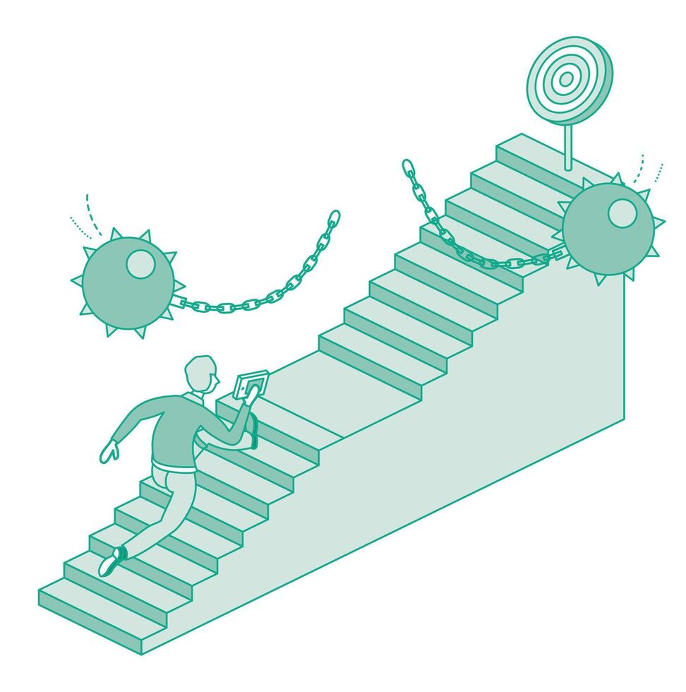 Man run up set of stairs. Overcome business obstacles. Barrier on way to success. Isometric concept of success, urgency and determination. Businessman climbing stairs of success. vector