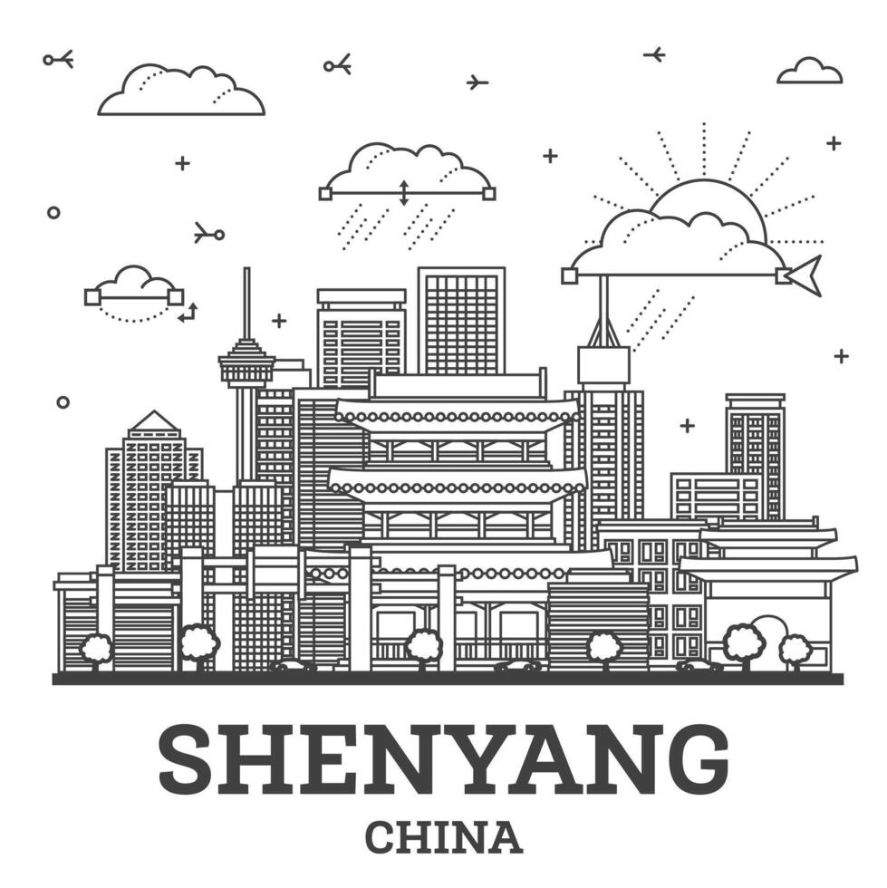 Outline Shenyang China City Skyline with Modern and Historic Buildings Isolated on White. Shenyang Cityscape with Landmarks. vector