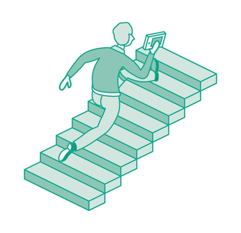 Man run up set of stairs. He is holding book in hand. Isometric concept of success, urgency and determination. Businessman climbing stairs of success. Outline concept. vector