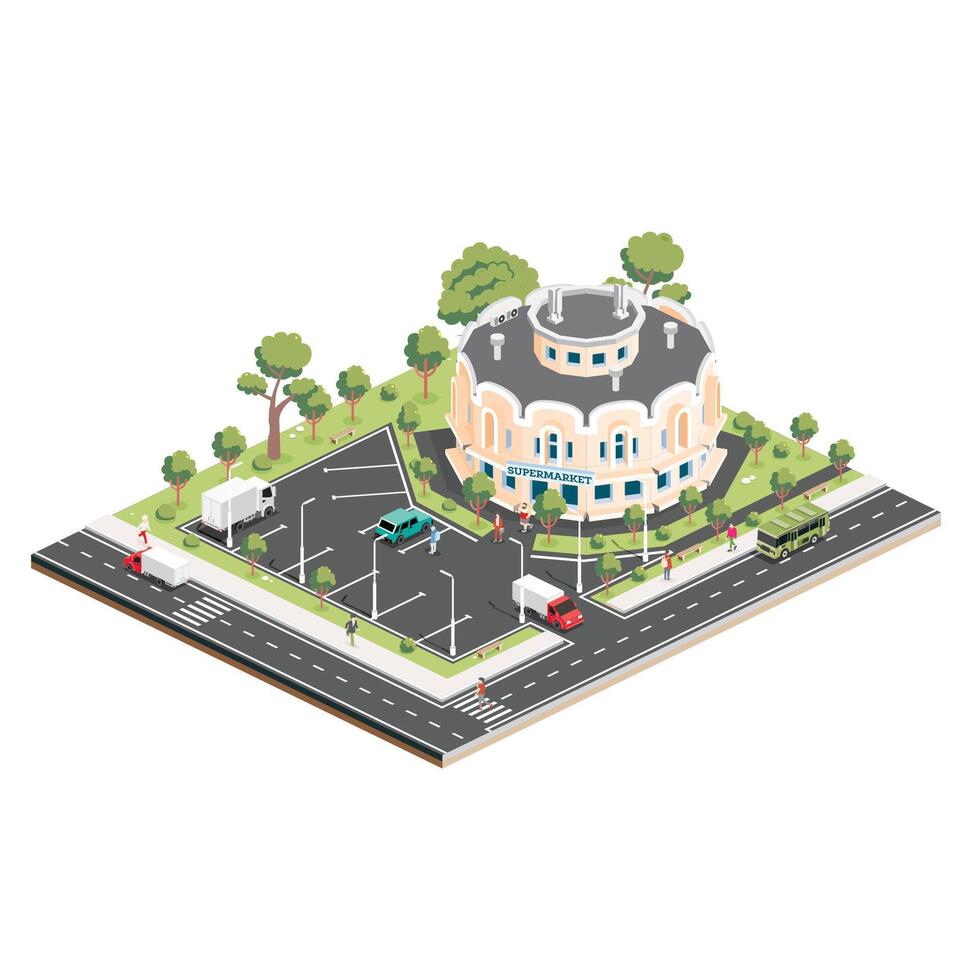 Isometric shopping mall. Infographic element. Supermarket building. People, trucks and trees with green leaves isolated on white background. vector