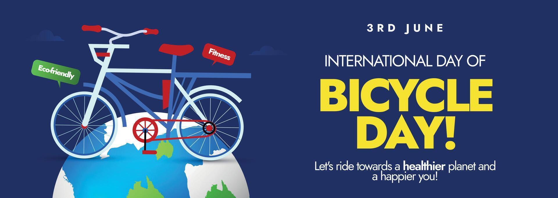 mundo bicicleta día. 3ro junio mundo bicicleta día evento anuncio cubrir bandera, tarjeta, enviar con un bicicleta en tierra globo. esta día aumento conciencia acerca de bicicletas como sostenible modo de transporte. vector
