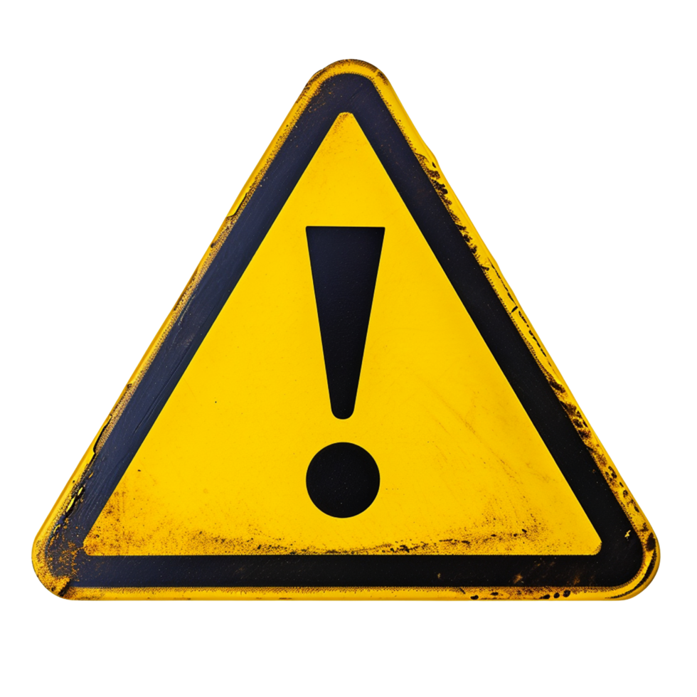 yellow and black triangular warning sign with a bold exclamation mark isolated on transparent background png
