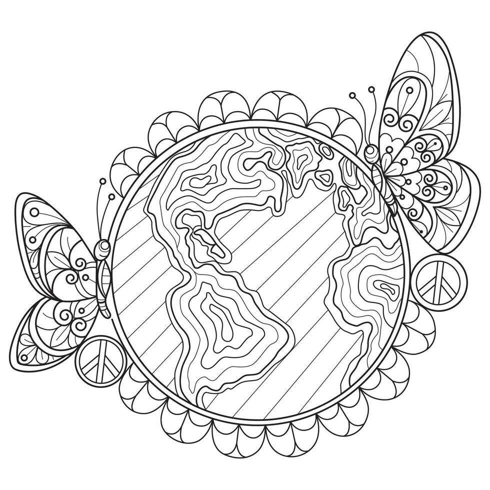 World and butterfly hand drawn for adult coloring book vector