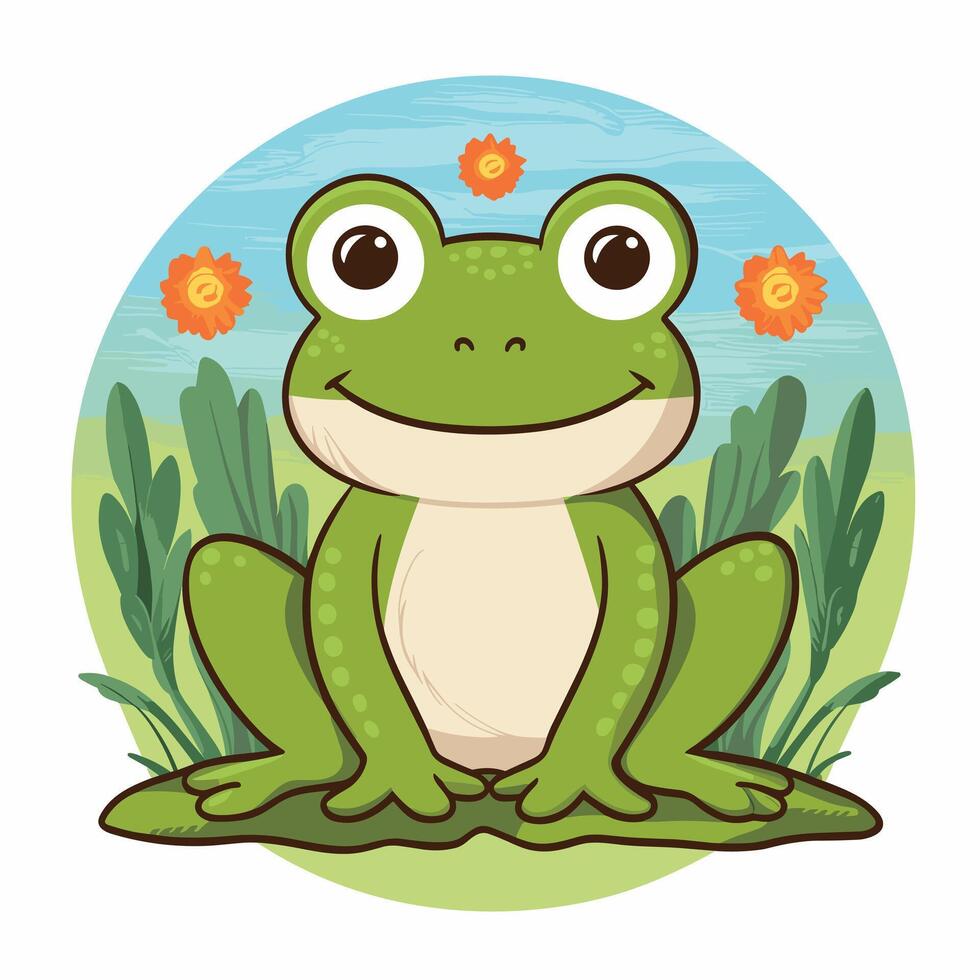 Cute cartoon frog set, animation frames. Adorable little froggy smiling, jumping, croaking, waving and catching fly with tongue. Simple flat style illustration. vector