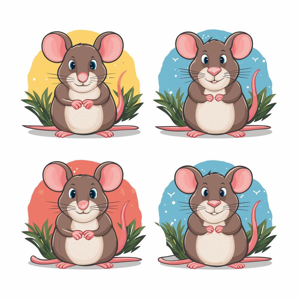 Cartoon mouse set. Grey furry rodent little rat with pink hairless tail walking or sitting isolated on white. illustration for pet, animal, wildlife concept vector