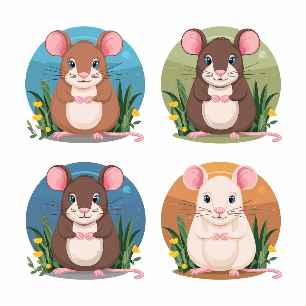 Cartoon mouse set. Grey furry rodent little rat with pink hairless tail walking or sitting isolated on white. illustration for pet, animal, wildlife concept vector