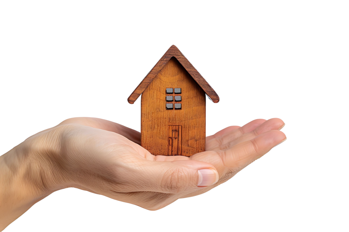 Hand holding a small simple house on isolated transparent background png