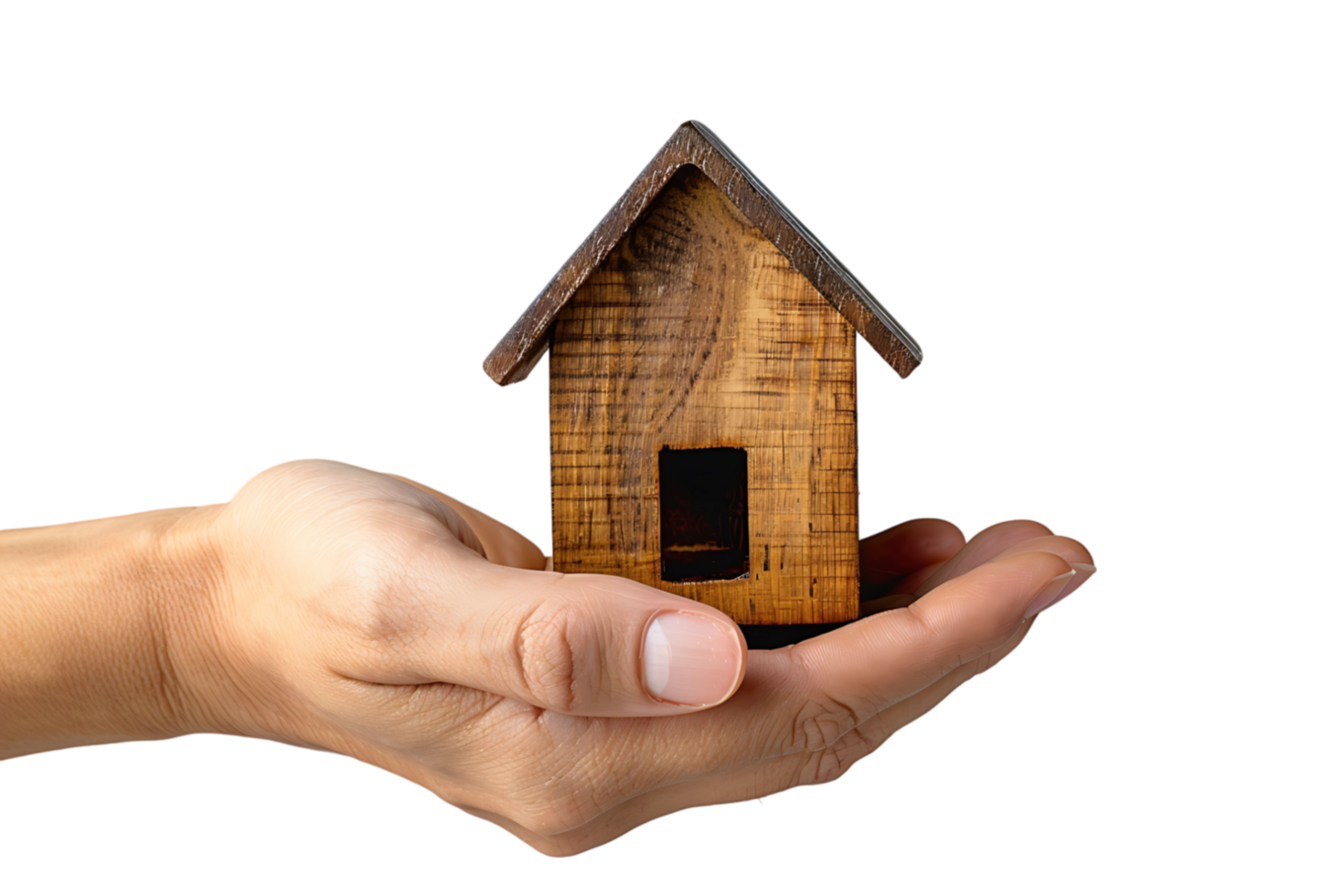 Hand holding a small simple house on isolated transparent background png