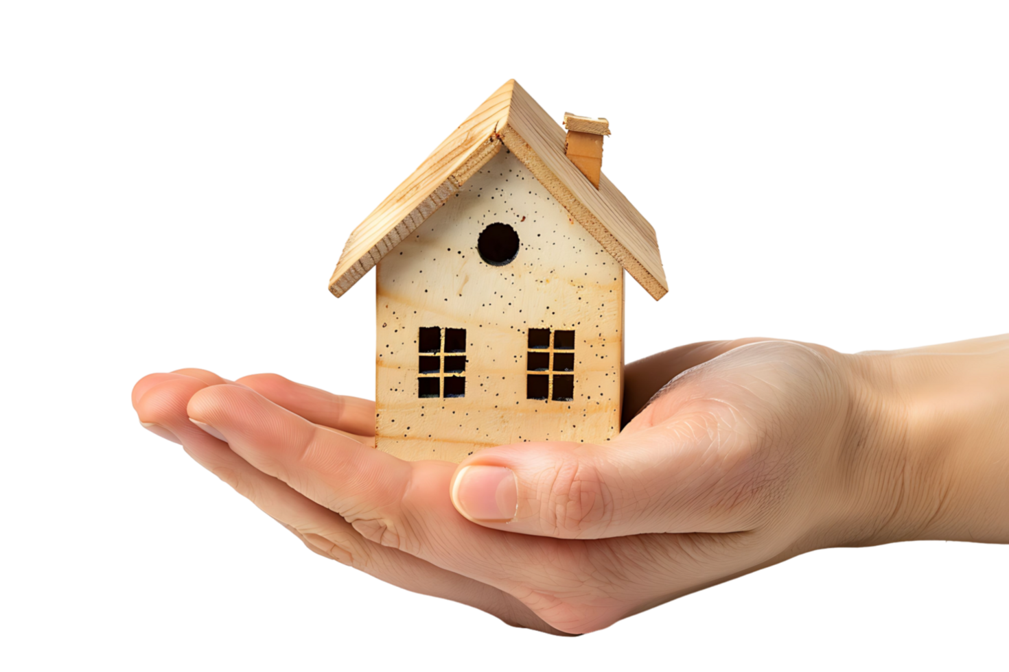 Hand holding a small simple house on isolated transparent background png