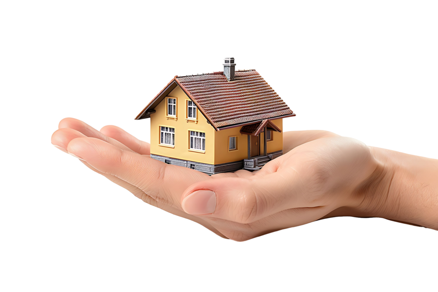 Hand holding a small simple house on isolated transparent background png