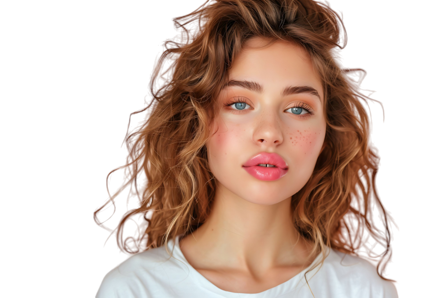 Headshot of girl with curly hairstyle wearing t-shirt send air kiss pouted lips on isolated transparent background png
