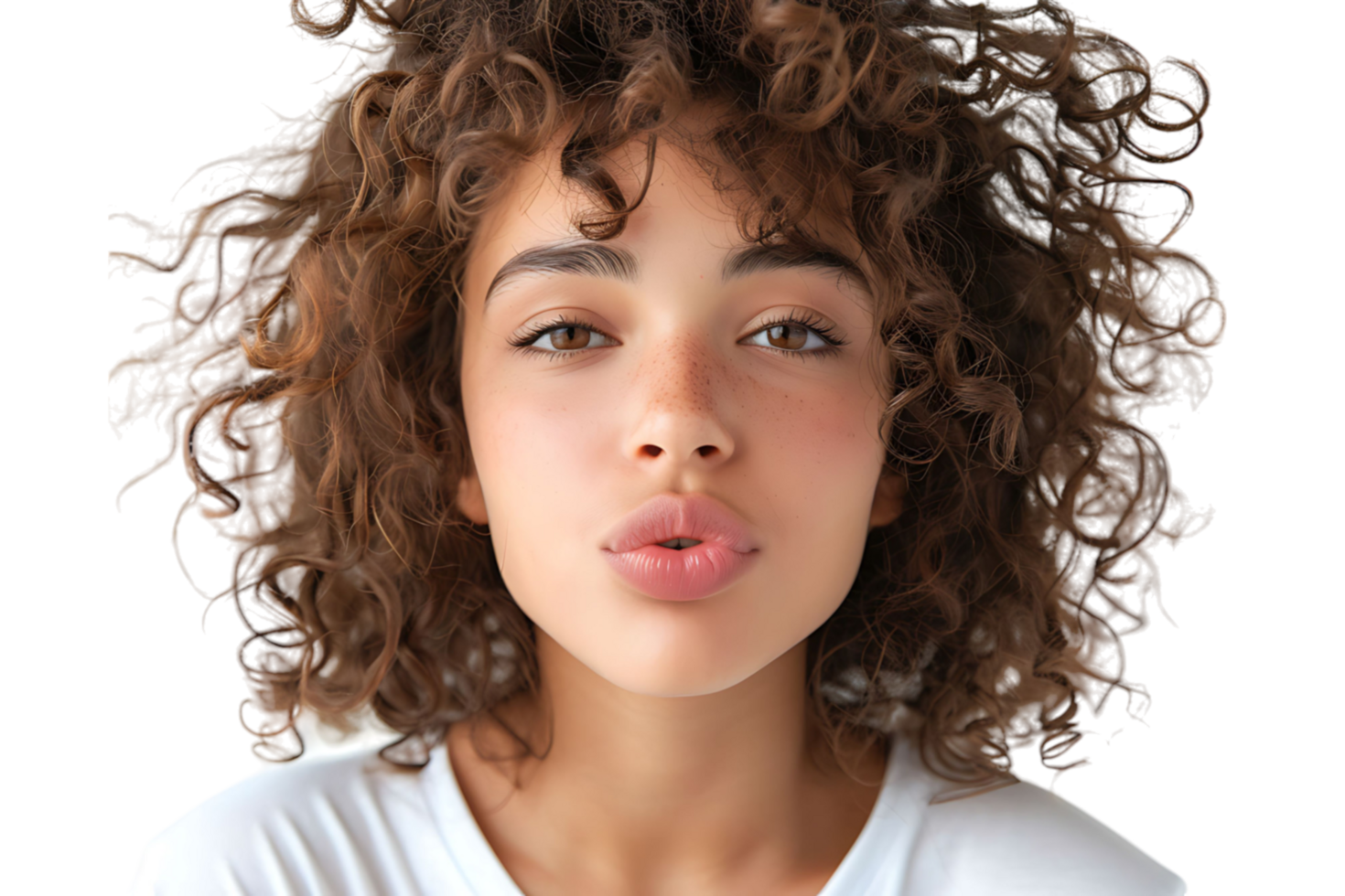 Headshot of girl with curly hairstyle wearing t-shirt send air kiss pouted lips on isolated transparent background png
