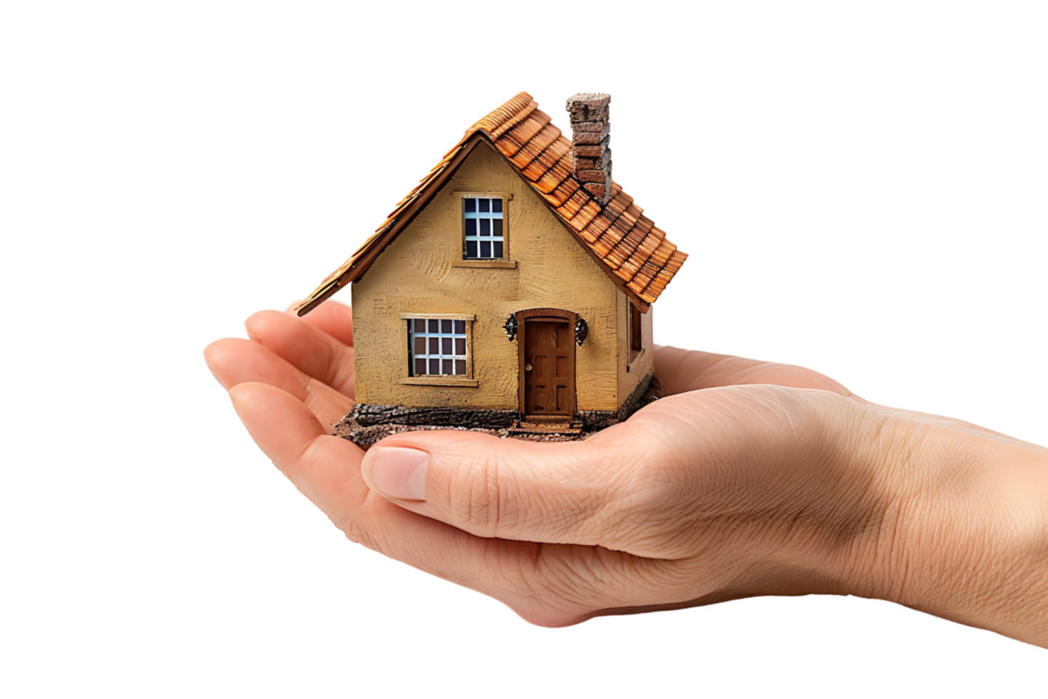 Hand holding a small simple house on isolated transparent background png