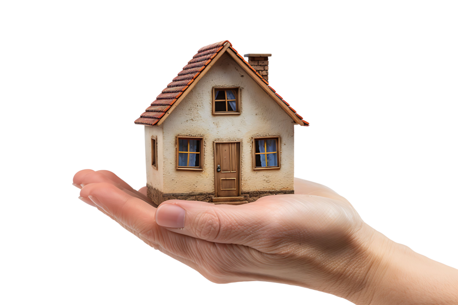 Hand holding a small simple house on isolated transparent background png