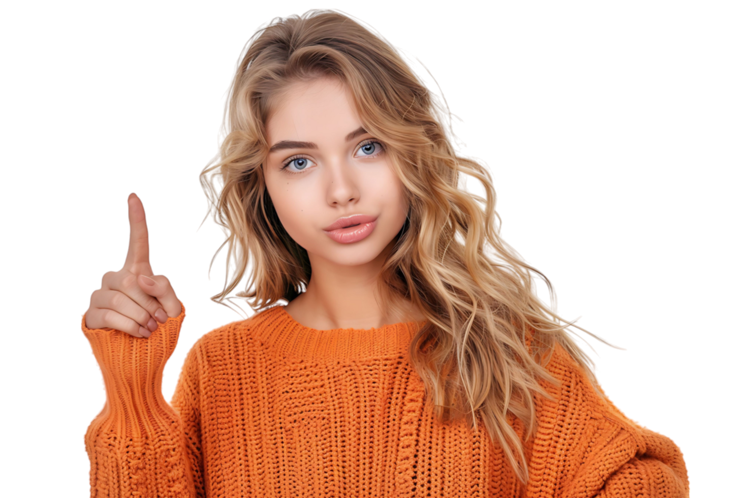 Confident woman dressed orange sweater pointing finger empty space on isolated transparent background png