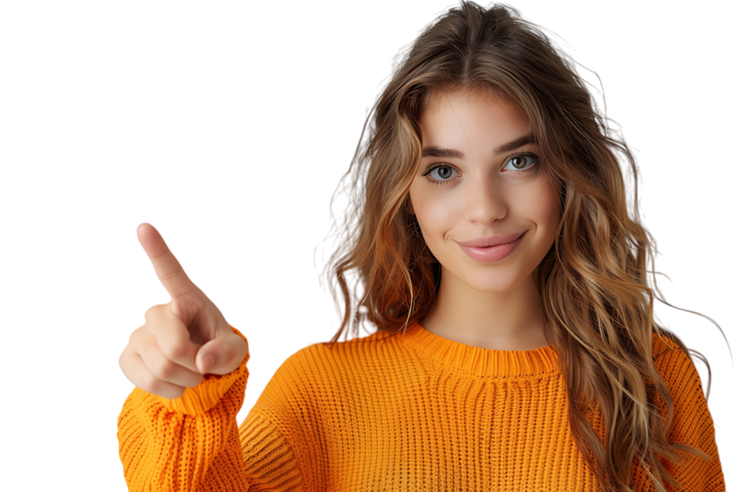Confident woman dressed orange sweater pointing finger empty space on isolated transparent background png