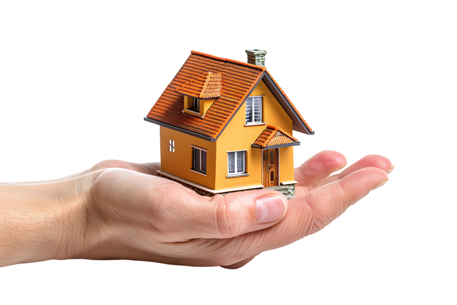 Hand holding a small simple house on isolated transparent background png
