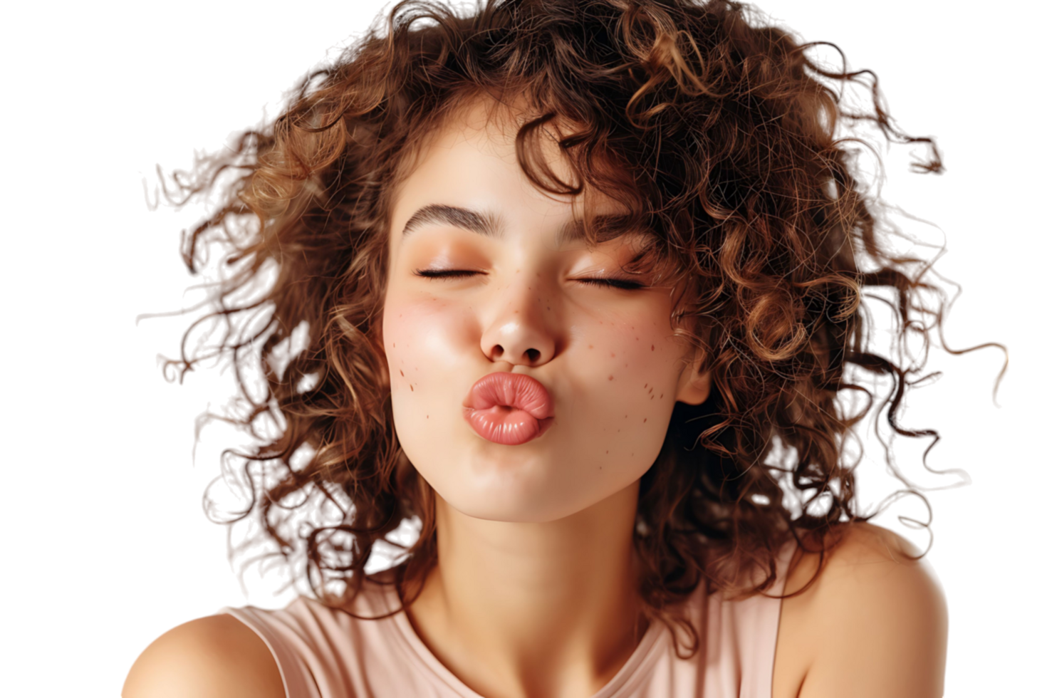Headshot of girl with curly hairstyle wearing t-shirt send air kiss pouted lips on isolated transparent background png