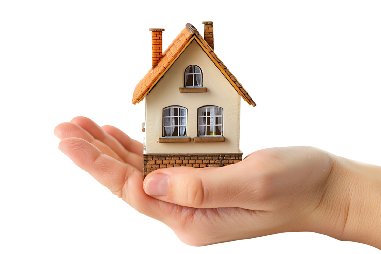 Hand holding a small simple house on isolated transparent background png