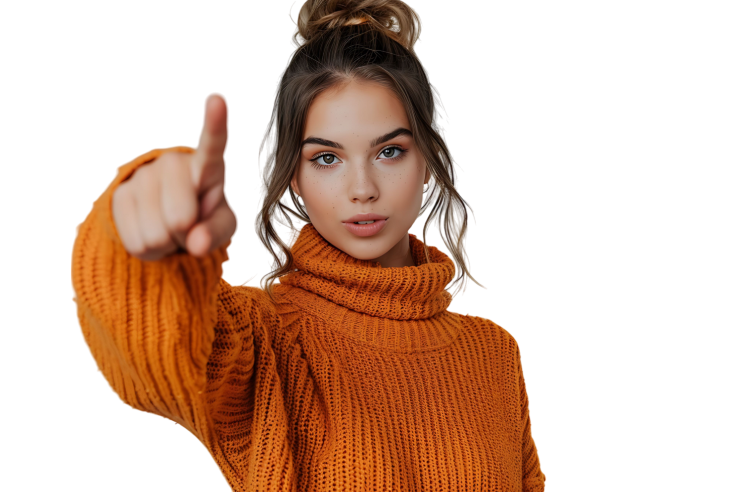 Confident woman dressed orange sweater pointing finger empty space on isolated transparent background png