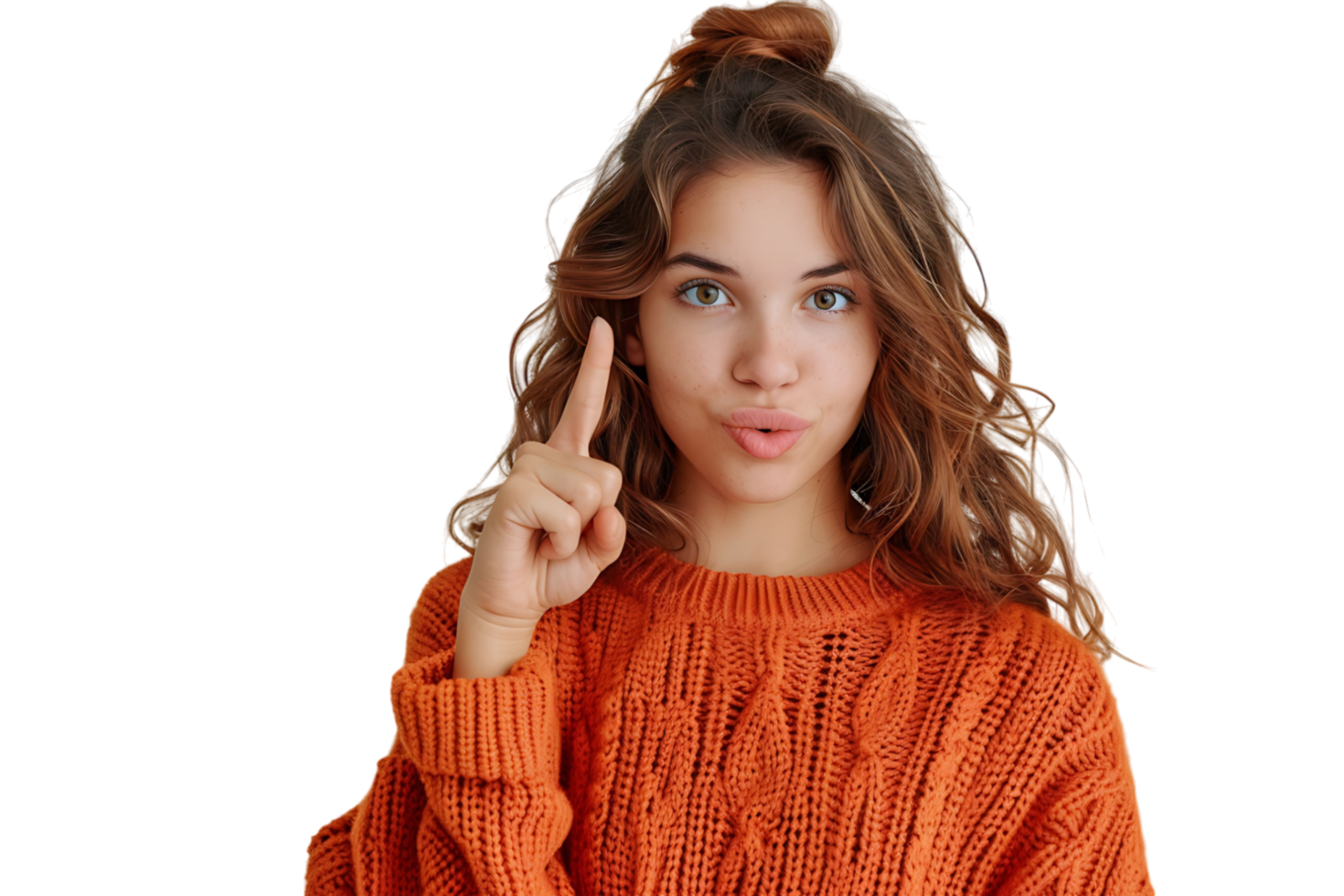 Confident woman dressed orange sweater pointing finger empty space on isolated transparent background png
