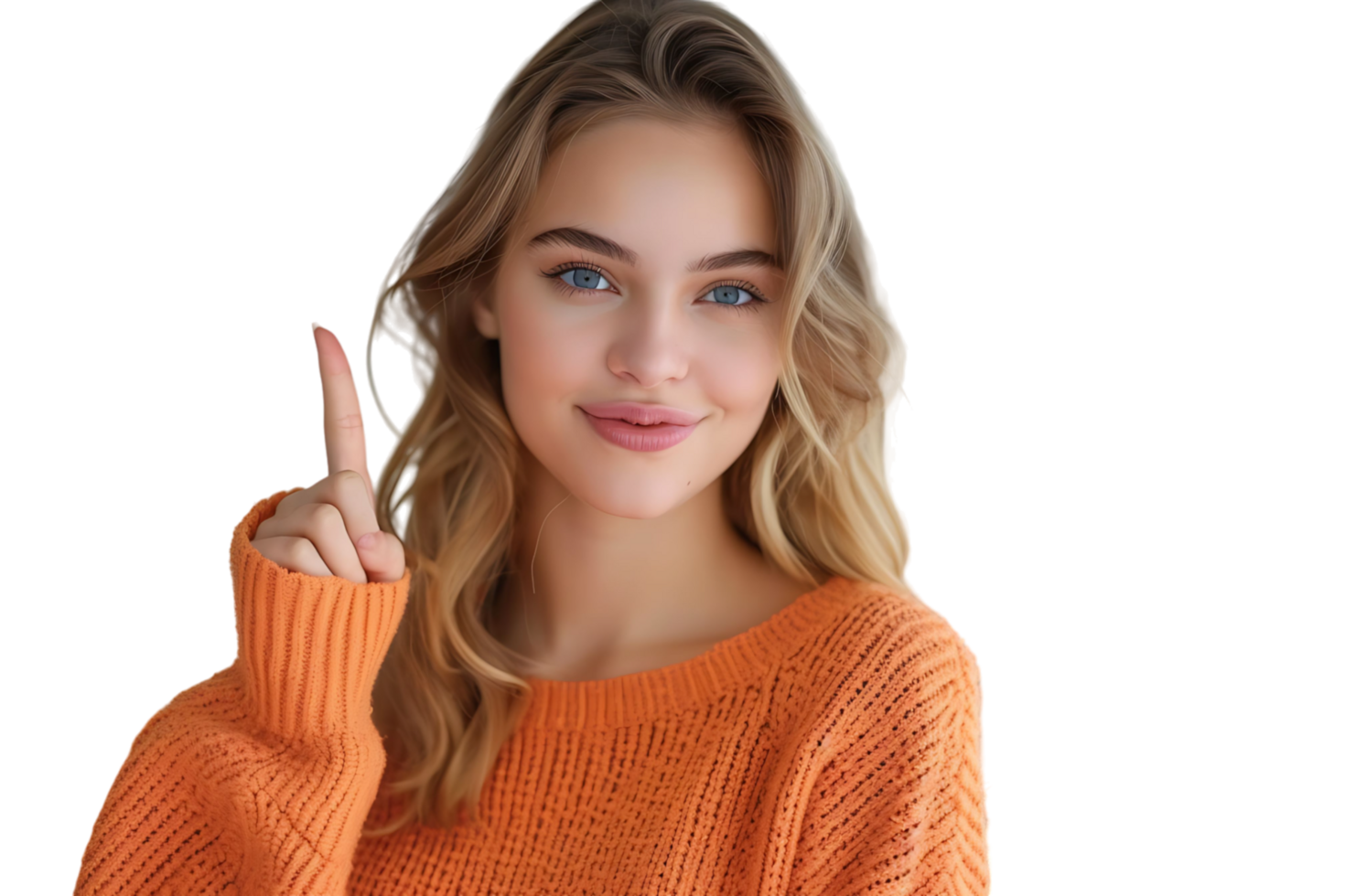 Confident woman dressed orange sweater pointing finger empty space on isolated transparent background png