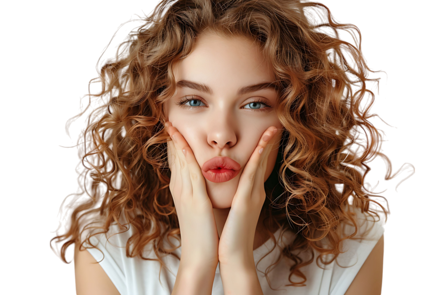 Headshot of girl with curly hairstyle wearing t-shirt send air kiss pouted lips on isolated transparent background png