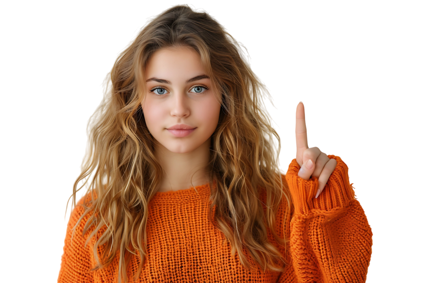 Confident woman dressed orange sweater pointing finger empty space on isolated transparent background png