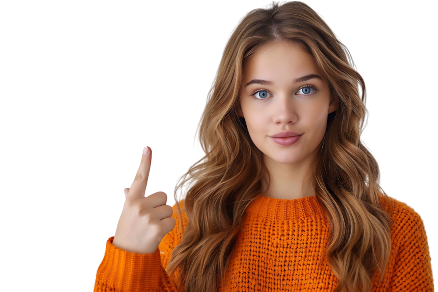 Confident woman dressed orange sweater pointing finger empty space on isolated transparent background png